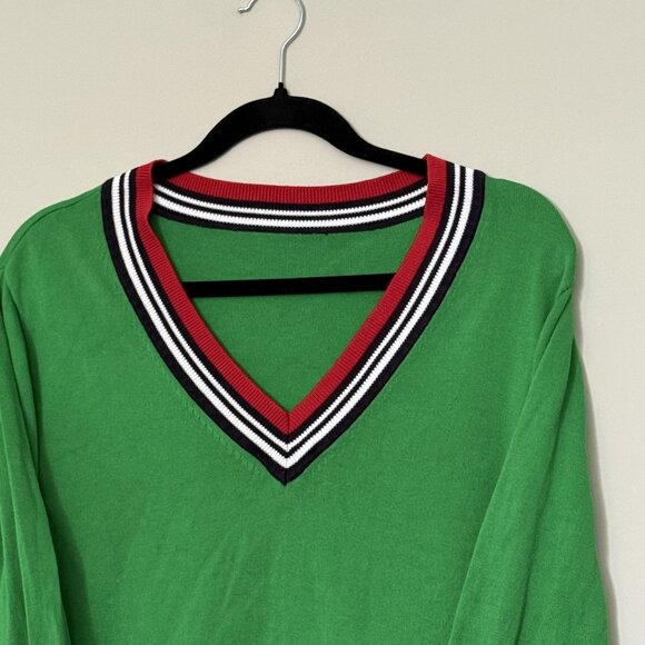 Tommy Hilfiger V-Neck Long Sleeve Cotton Sweater Green with Stripes XL - Picture 3 of 5